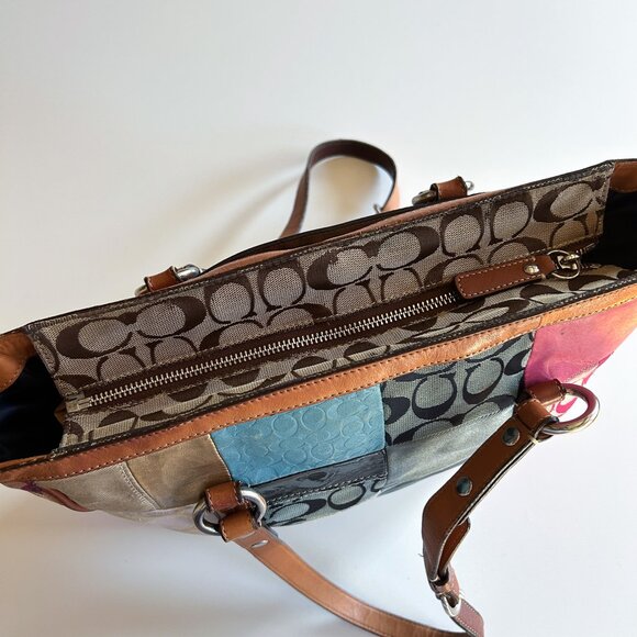 Vintage Y2K Coach Patchwork Pink Blue Leather Signature Print Shoulder Tote Bag - Picture 10 of 12
